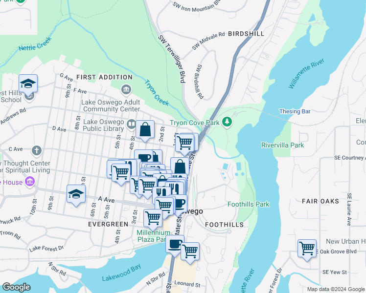 map of restaurants, bars, coffee shops, grocery stores, and more near 31 D Avenue in Lake Oswego