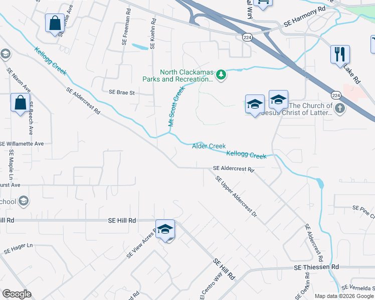 map of restaurants, bars, coffee shops, grocery stores, and more near 5017 Southeast Aldercrest Road in Milwaukie