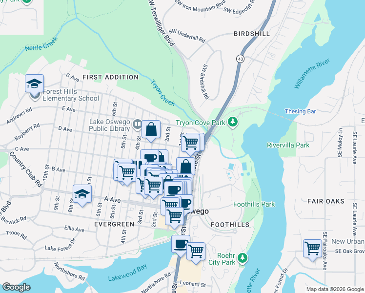 map of restaurants, bars, coffee shops, grocery stores, and more near 707 1st Street in Lake Oswego