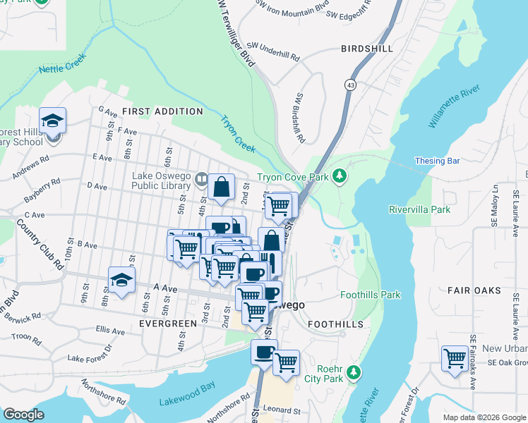 map of restaurants, bars, coffee shops, grocery stores, and more near 148 D Avenue in Lake Oswego
