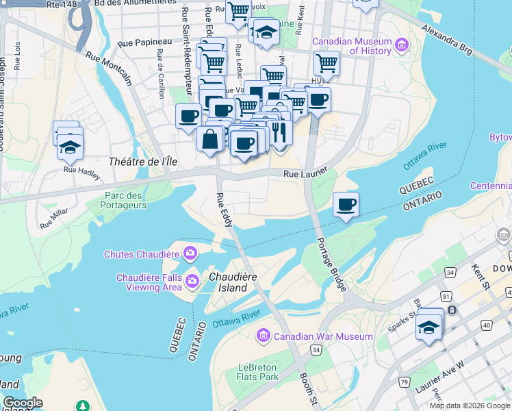 map of restaurants, bars, coffee shops, grocery stores, and more near 40 Rue Jos-Montferrand in Gatineau