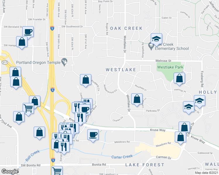 map of restaurants, bars, coffee shops, grocery stores, and more near 5760 Meridian Court in Lake Oswego