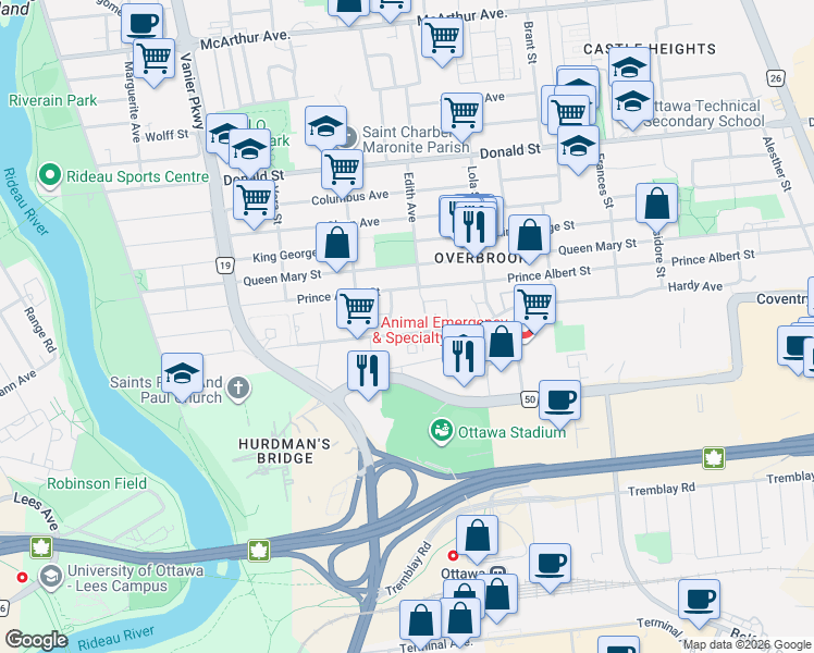 map of restaurants, bars, coffee shops, grocery stores, and more near 255 Presland Road in Ottawa