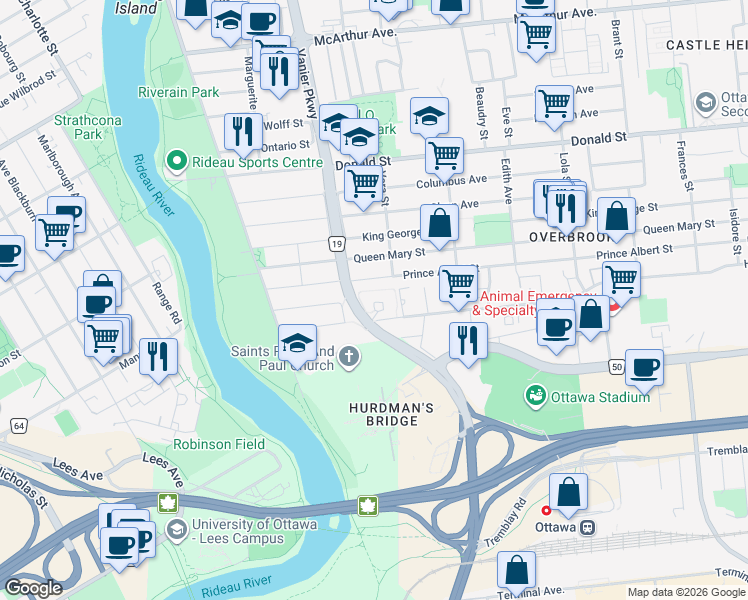 map of restaurants, bars, coffee shops, grocery stores, and more near 1425 Vanier Parkway in Ottawa
