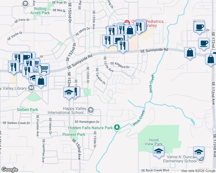 map of restaurants, bars, coffee shops, grocery stores, and more near 13946 Southeast Falcon Avenue in Clackamas