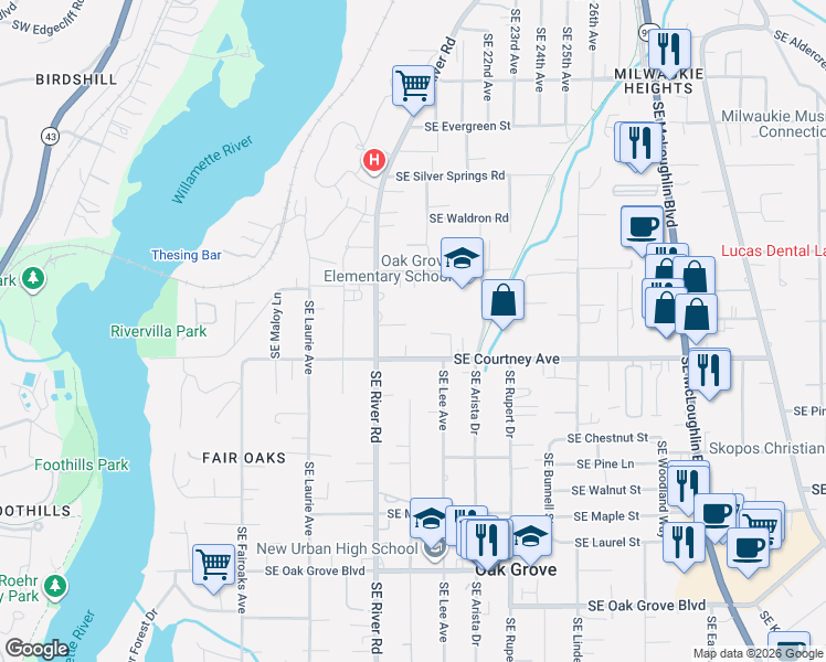 map of restaurants, bars, coffee shops, grocery stores, and more near 1860 Southeast Rafaela Lane in Milwaukie