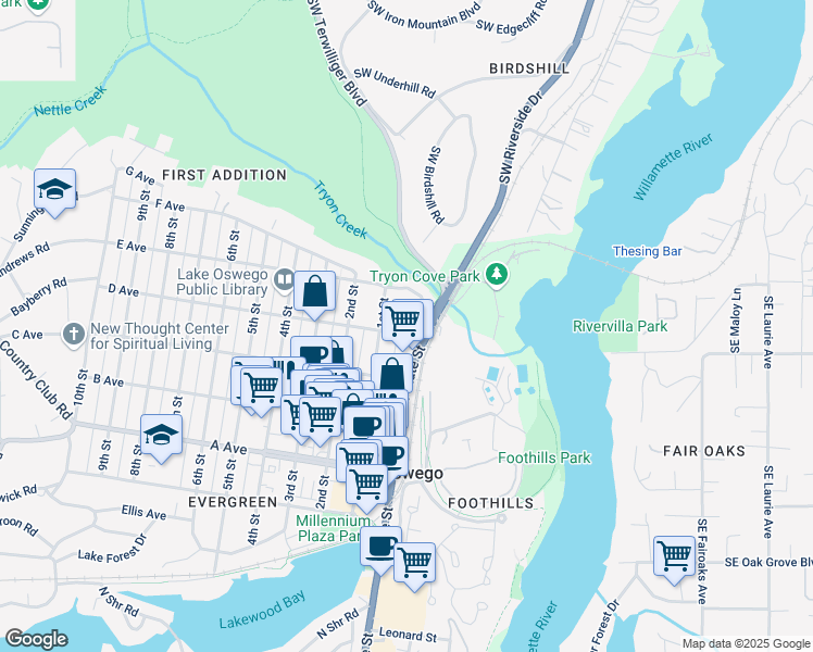 map of restaurants, bars, coffee shops, grocery stores, and more near 31 D Avenue in Lake Oswego
