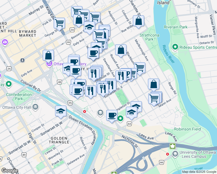 map of restaurants, bars, coffee shops, grocery stores, and more near 673 King Edward Avenue in Ottawa