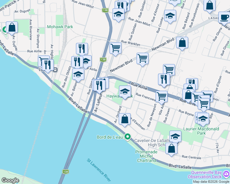 map of restaurants, bars, coffee shops, grocery stores, and more near 141 Rue Hayward in Montréal