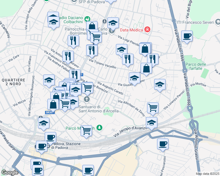 map of restaurants, bars, coffee shops, grocery stores, and more near 59 Via Antonio Bonazza in Padova