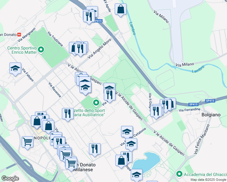 map of restaurants, bars, coffee shops, grocery stores, and more near Viale Alcide de Gasperi in Città Metropolitana di Milano