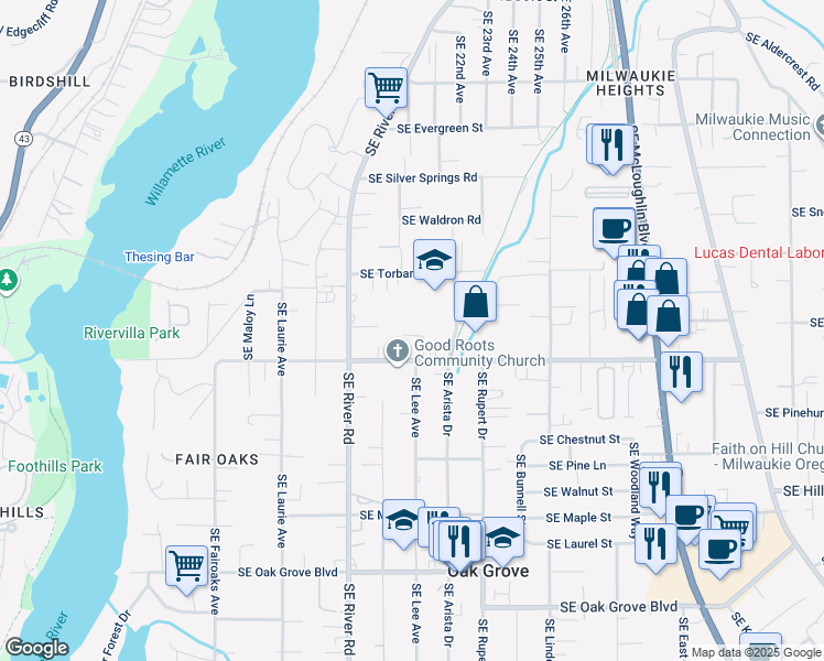 map of restaurants, bars, coffee shops, grocery stores, and more near 2013 Southeast Courtney Avenue in Milwaukie