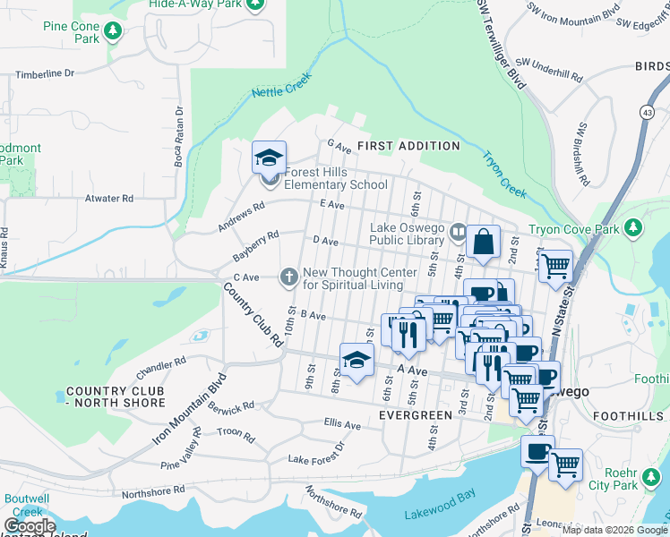 map of restaurants, bars, coffee shops, grocery stores, and more near 621 9th Street in Lake Oswego