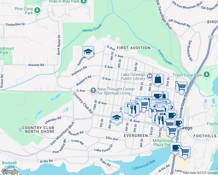 map of restaurants, bars, coffee shops, grocery stores, and more near 837 C Avenue in Lake Oswego