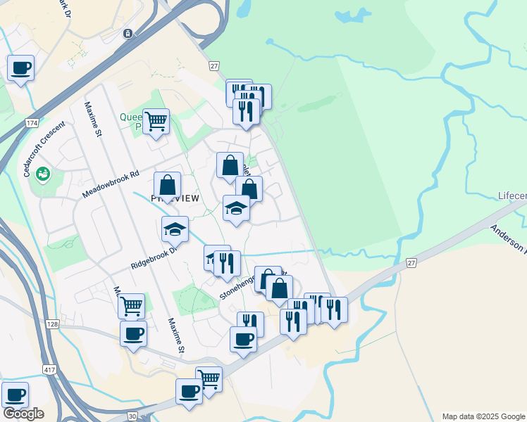 map of restaurants, bars, coffee shops, grocery stores, and more near 20 Blossomfield Court in Ottawa