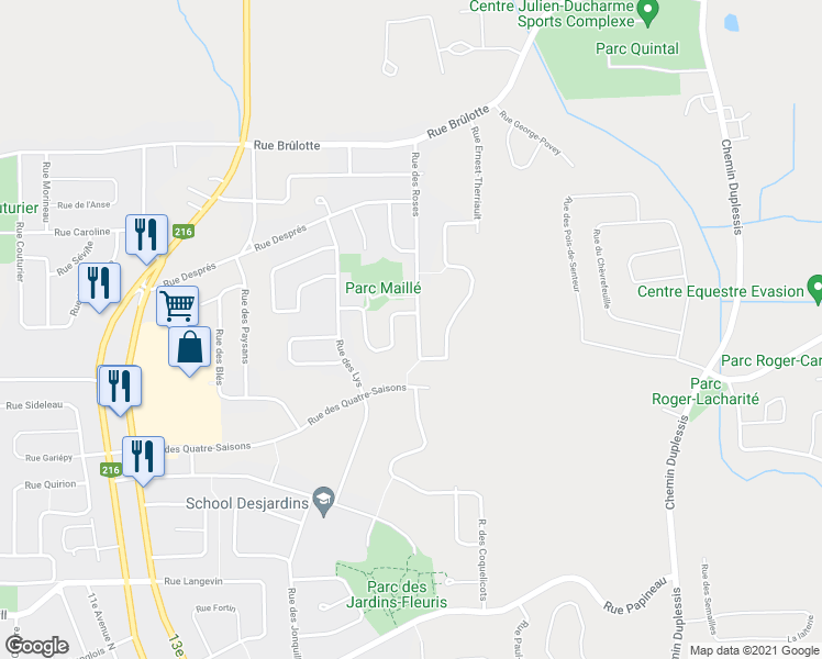 map of restaurants, bars, coffee shops, grocery stores, and more near 1537 Rue des Roses in Sherbrooke