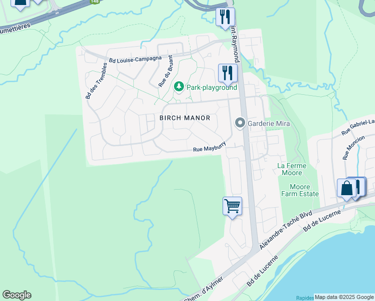 map of restaurants, bars, coffee shops, grocery stores, and more near Rue Mayburry in Gatineau