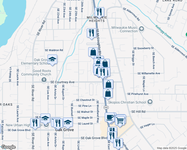 map of restaurants, bars, coffee shops, grocery stores, and more near 2705 Courtney Road in Milwaukie