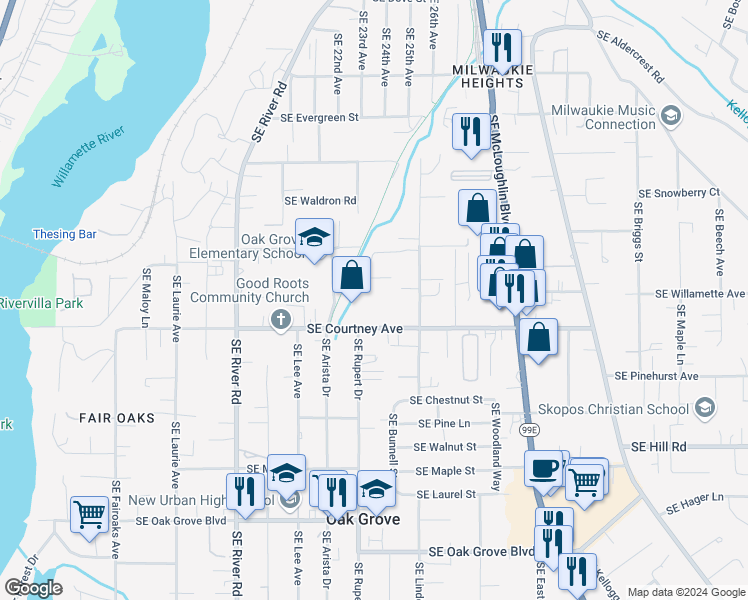 map of restaurants, bars, coffee shops, grocery stores, and more near 2309 Southeast Courtney Avenue in Portland
