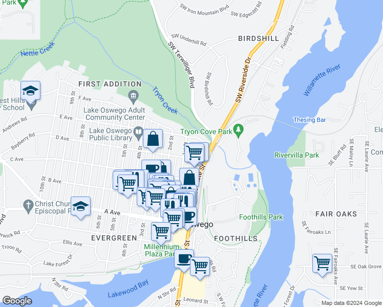map of restaurants, bars, coffee shops, grocery stores, and more near 31 D Avenue in Lake Oswego