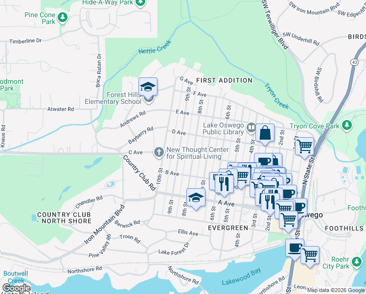 map of restaurants, bars, coffee shops, grocery stores, and more near 837 C Avenue in Lake Oswego