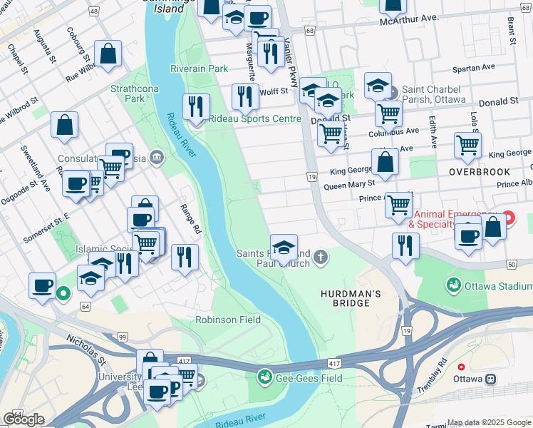 map of restaurants, bars, coffee shops, grocery stores, and more near 50 Drouin Avenue in Ottawa
