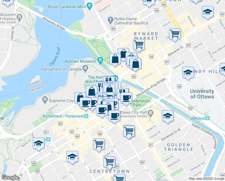 map of restaurants, bars, coffee shops, grocery stores, and more near 46 1/2 Sparks Street in Ottawa
