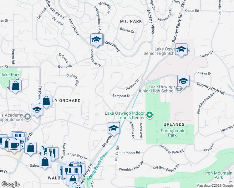 map of restaurants, bars, coffee shops, grocery stores, and more near 3339 Tempest Drive in Lake Oswego
