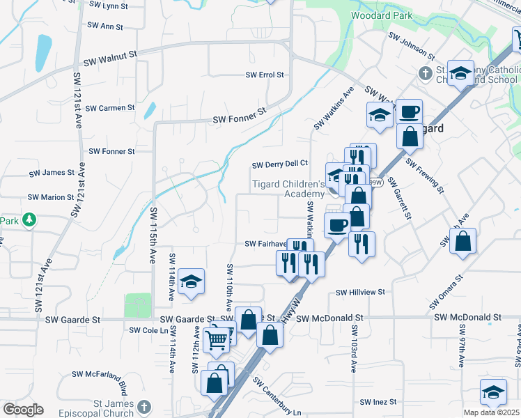 map of restaurants, bars, coffee shops, grocery stores, and more near 13405 Southwest 107th Avenue in Tigard