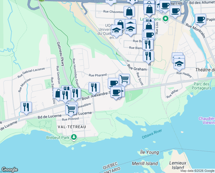 map of restaurants, bars, coffee shops, grocery stores, and more near 11 Rue de la Cooperation in Gatineau