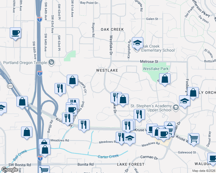 map of restaurants, bars, coffee shops, grocery stores, and more near 5504 Westfield Court in Lake Oswego