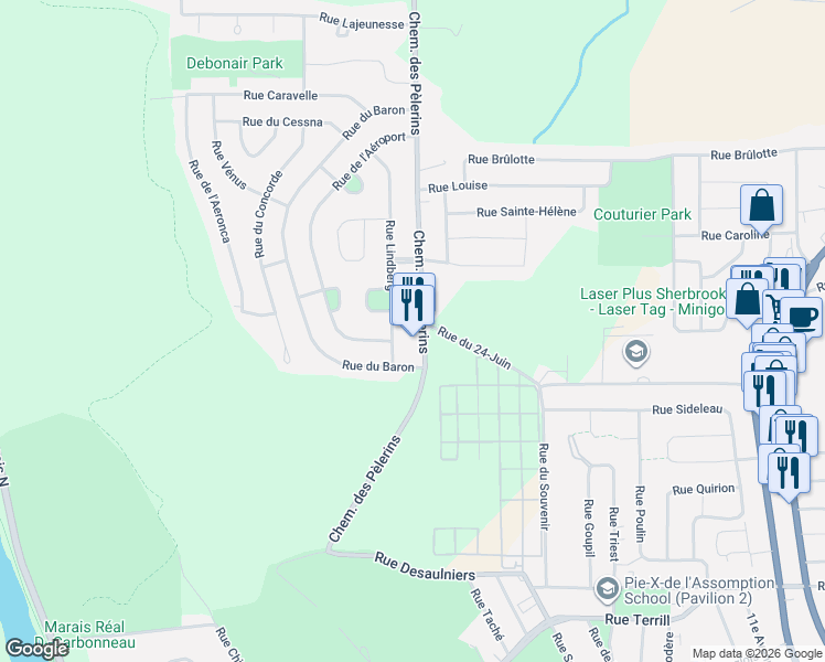 map of restaurants, bars, coffee shops, grocery stores, and more near 1143 Chemin des Pèlerins in Sherbrooke