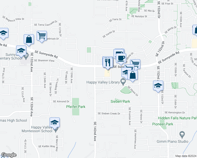 map of restaurants, bars, coffee shops, grocery stores, and more near 14266 Southeast Princeton Village Way in Clackamas