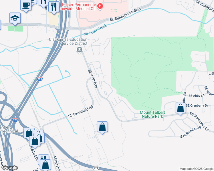 map of restaurants, bars, coffee shops, grocery stores, and more near 13808 Southeast 97th Avenue in Clackamas