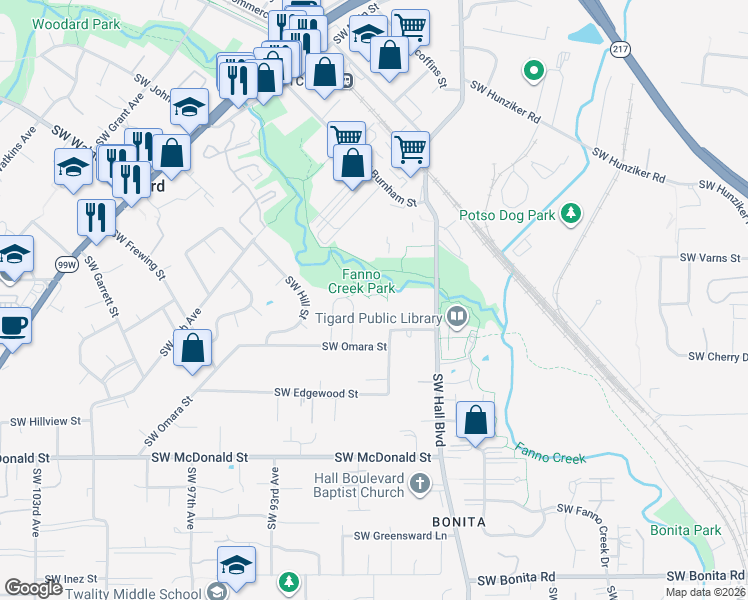 map of restaurants, bars, coffee shops, grocery stores, and more near 8803 Southwest Omara Street in Tigard