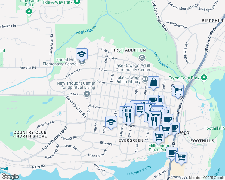 map of restaurants, bars, coffee shops, grocery stores, and more near 610 7th Street in Lake Oswego