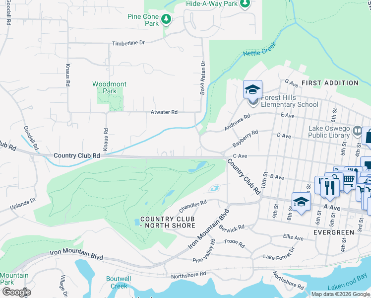 map of restaurants, bars, coffee shops, grocery stores, and more near 615 Country Club Road in Lake Oswego