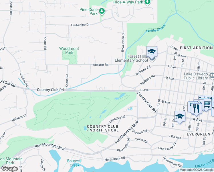 map of restaurants, bars, coffee shops, grocery stores, and more near 771 Country Club Road in Lake Oswego