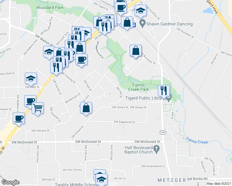 map of restaurants, bars, coffee shops, grocery stores, and more near 9136 Southwest Hill Street in Tigard