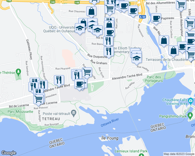 map of restaurants, bars, coffee shops, grocery stores, and more near 232 Boulevard Alexandre-Taché in Gatineau