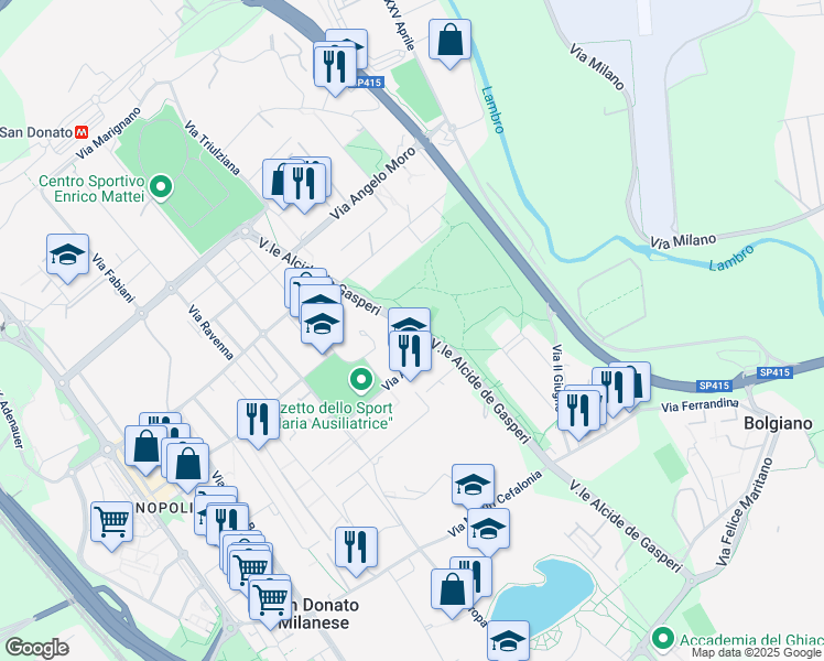 map of restaurants, bars, coffee shops, grocery stores, and more near Viale Alcide de Gasperi in Città Metropolitana di Milano