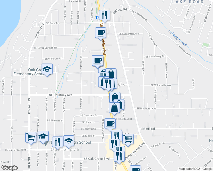 map of restaurants, bars, coffee shops, grocery stores, and more near 13775 SE McLoughlin Blvd in Portland