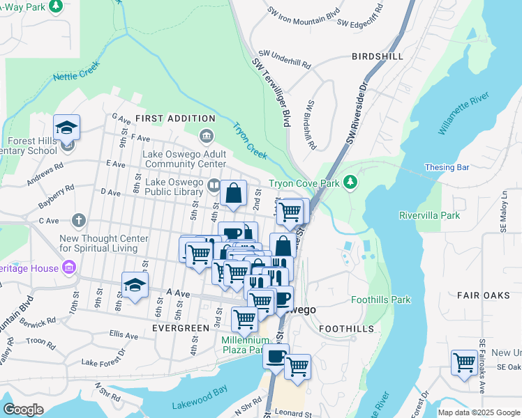 map of restaurants, bars, coffee shops, grocery stores, and more near 719 2nd Street in Lake Oswego