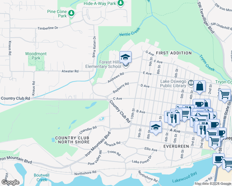 map of restaurants, bars, coffee shops, grocery stores, and more near 1140 C Avenue in Lake Oswego