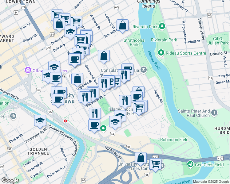 map of restaurants, bars, coffee shops, grocery stores, and more near in Ottawa