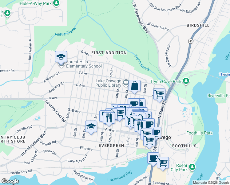 map of restaurants, bars, coffee shops, grocery stores, and more near 653 5th Street in Lake Oswego