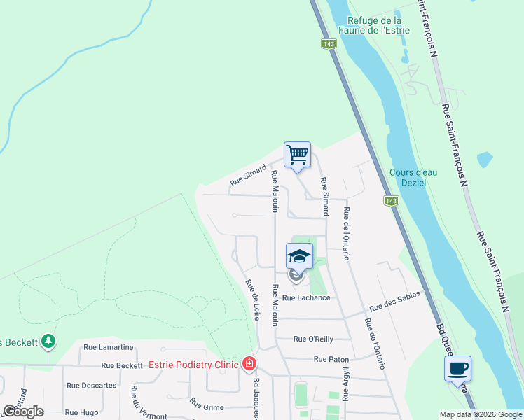map of restaurants, bars, coffee shops, grocery stores, and more near 1775 Rue d'Anjou in Sherbrooke