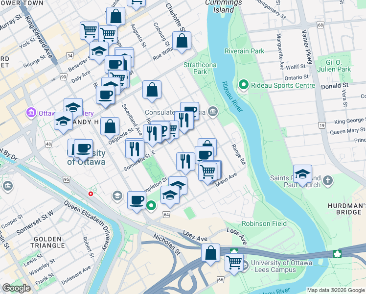 map of restaurants, bars, coffee shops, grocery stores, and more near 409 Chapel Street in Ottawa