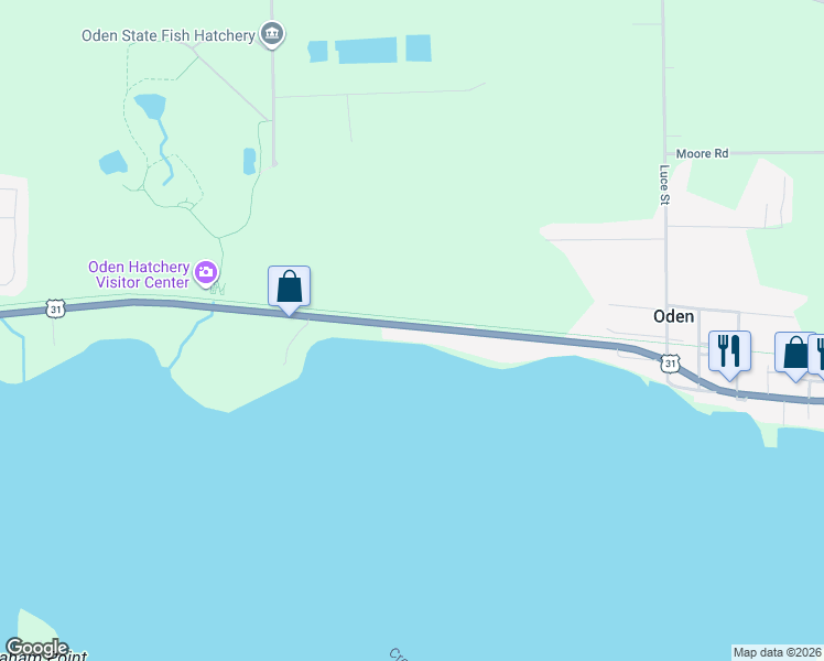 map of restaurants, bars, coffee shops, grocery stores, and more near 3760 Oden Road in Alanson