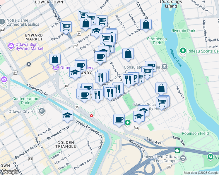 map of restaurants, bars, coffee shops, grocery stores, and more near 103 Henderson Avenue in Ottawa